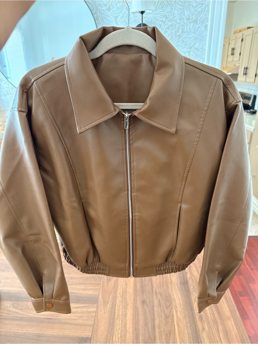 Classic Tan Faux Leather Zip-Front Jacket